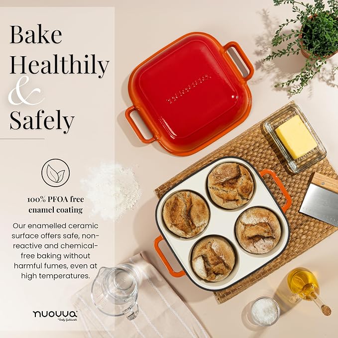 QuadPro Enamelled Cast Iron Bread Loaf Pot – Dutch Oven for Sourdough Bread Baking – 500°F Oven Safe Non Stick Bread Pot – 4 Round Loaf Spaces (4.90-inch Diameter), Orange – by Nuovva
