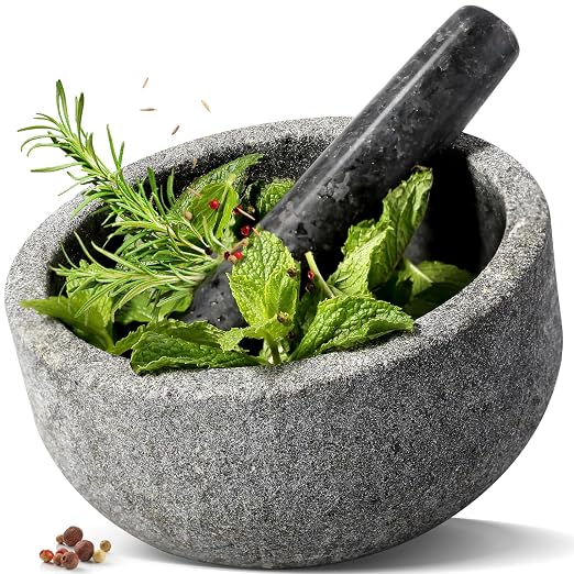 Granite Mortar and Pestle Set, 7"-4 Cups Unpolished Stone Grinder Bowl for Guacamole, Salsa, Pill Crusher, Spice, Herb, Garlic, Nut, Heavy Duty Grinder for Kitchen(Angola Silver Black)