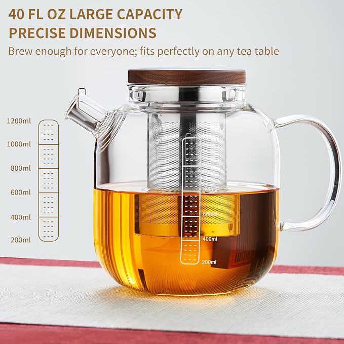 Glass Teapot with Infuser and Lid - 40oz Borosilicate Glass Teapot with Heat-Resistant Handle, Stainless Steel Mesh Infuser for Loose Leaf & Blooming Tea, Stovetop & Microwave Safe