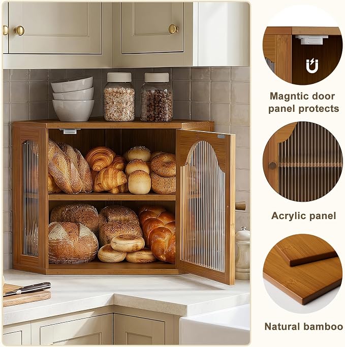 2-Tier Corner Bread Box for Kitchen Countertop with Acrylic Wavy Door Panel | Bread Storage for Homemade Bread, Large Bamboo Vintage Farmhouse Bread Bin, Cabinet Cupboard Pantry, Caramel, Meduim
