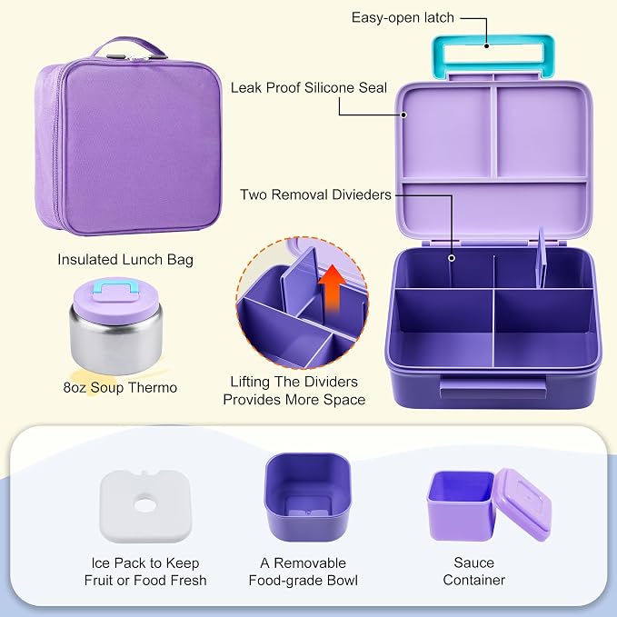 Bento Lunch Box for Kids with Thermo, Leakproof Bento Box with 8oz Insulated Food Jar, Lunch Bag, BPA Free Dishwasher Safe 4 Compartment Container for School Girls Boys (Purple)
