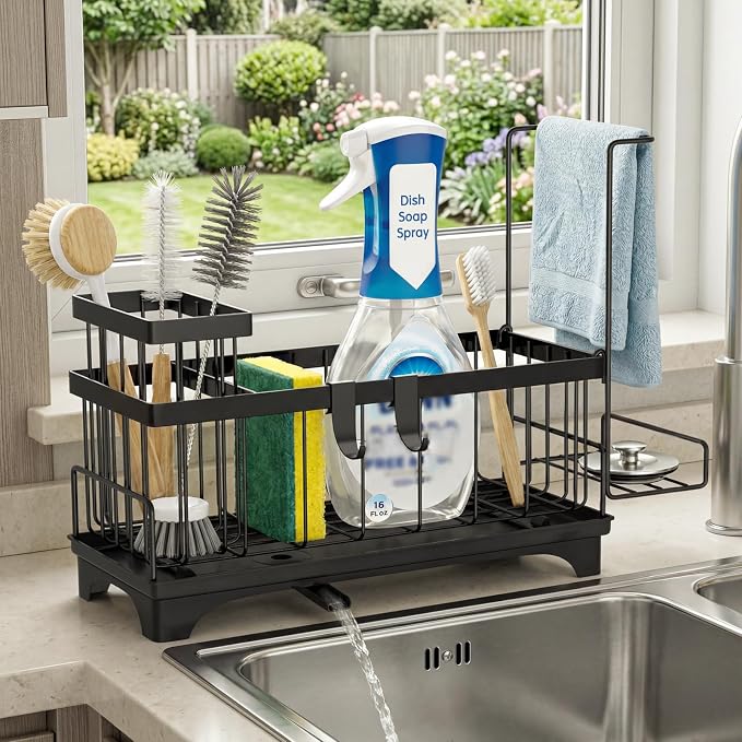 VOOWO Sponge Holder for Kitchen Sink, Compact Sink Caddy with Brush Holder | 304 Rustproof Stainless Steel Dish Soap Holder, Small Kitchen Sink Organizer, Self-Draining Dish Wand Holder with Towel Rack