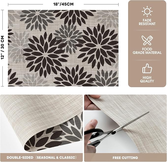 Artoid Mode Floral Vinyl Halloween Placemats Set of 4, Heat Resistant Washable Non-Slip Plastic PVC Place Mats for Party Kitchen Dining Decor, Black