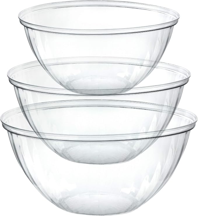 PLASTICPRO Disposable Combo Set of Salad Bowl Includes 2, 48 Ounce 2, 96 oz 2, 150 Ounce Round Crystal Clear Plastic Serving Bowl