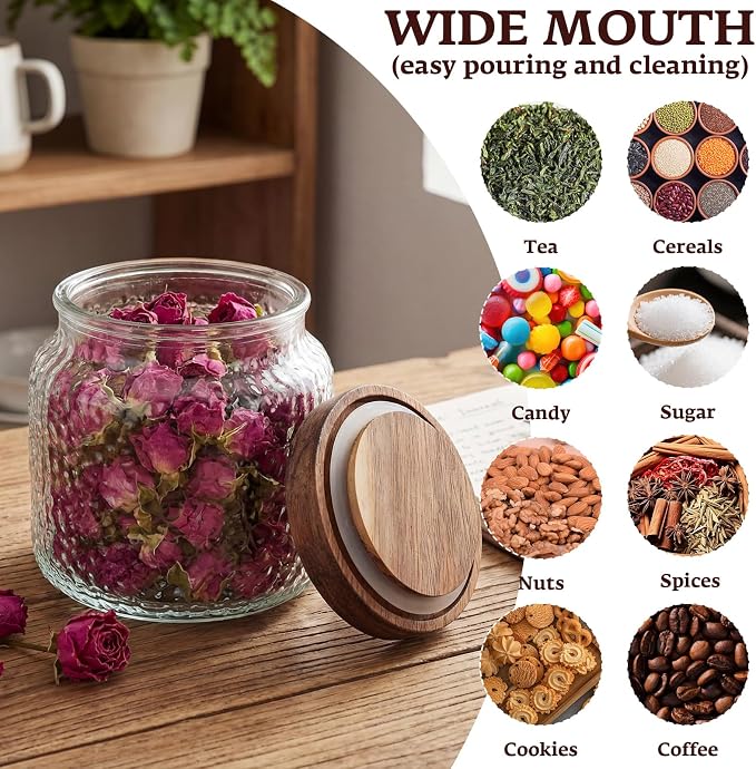 6 Pcs Small Glass Food Storage Jars with Wood Lids 12 oz Coffee Container with Airtight Lid for Kitchen Organization Glass Pantry Canister with Jar Labels for Beans Spice Tea Sugar