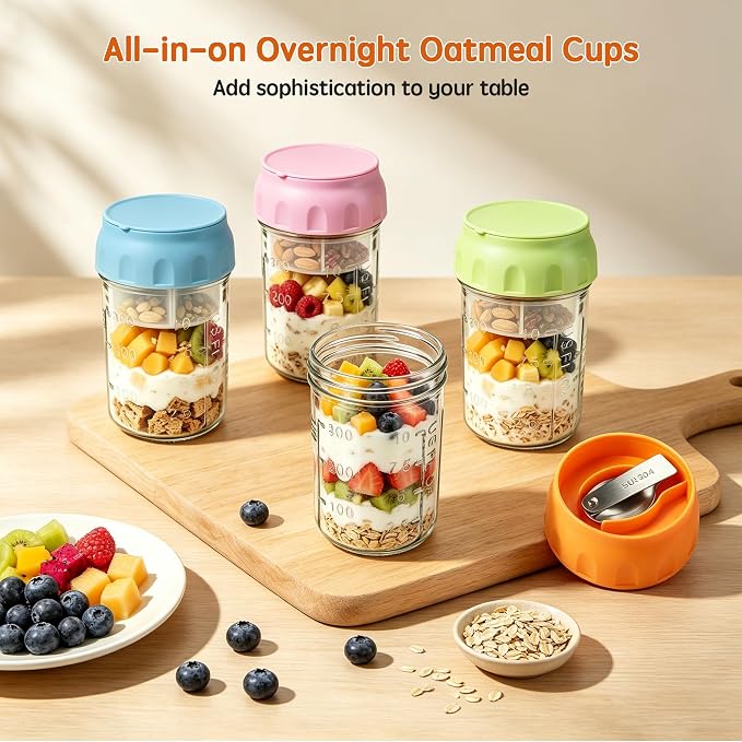 16oz Overnight Oats Containers with Lids & Folding Spoons, 4 Pack Glass Meal Prep Jars with Divided Compartments, Leakproof Airtight Mason Jars for Oatmeal Yogurt Parfait Fruit Snack