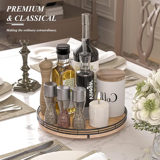 AMH 12-Inch Farmhouse Oak Lazy Susan Organizer | Smooth rotating oak tray with walnut finish for dining tables, kitchen counters, pantries and cabinet storage.