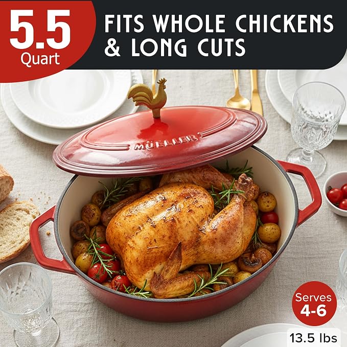 MUELLER HOME 5.5 Quart Enameled Cast Iron Oval Dutch Oven w Rooster Knob & Cotton Potholders, Heavy-Duty Cookware, Oven-Safe up to 500° F & Across All Cooktops, Gifts for Grandma & Women, Red | w Rooster Knob & Cotton Potholders, Heavy-Duty Cookware, O...