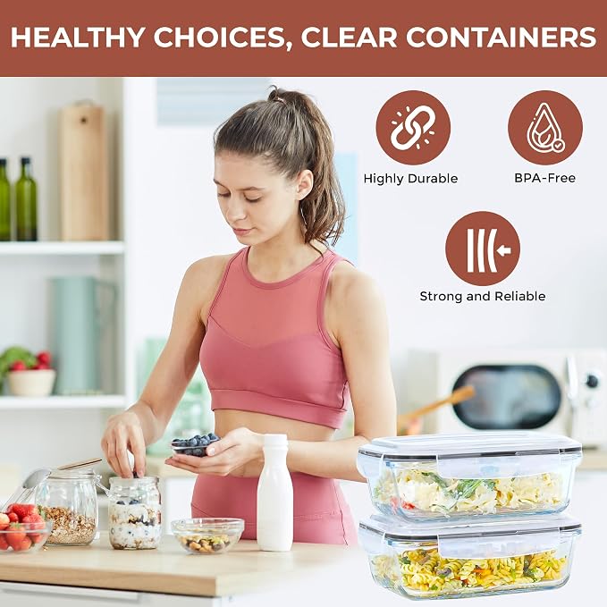 Razab 6.5 Cups / 52 Oz 4 Piece (2 Containers + 2 Lids) Glass Food Storage Containers Set with Airtight Locking Lids - For Storing, Baking & Serving BPA Free, Leakproof - Microwave, Freezer & Oven Safe