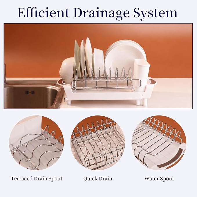 Dish Drying Rack Compact Expandable - A Space-Saving, Stainless Steel, Rust-Resistant Dish Drainer for Kitchen and Apartment Countertops/Sink Cabinets, Extendable from 11.42 to 19.9 inches (White)
