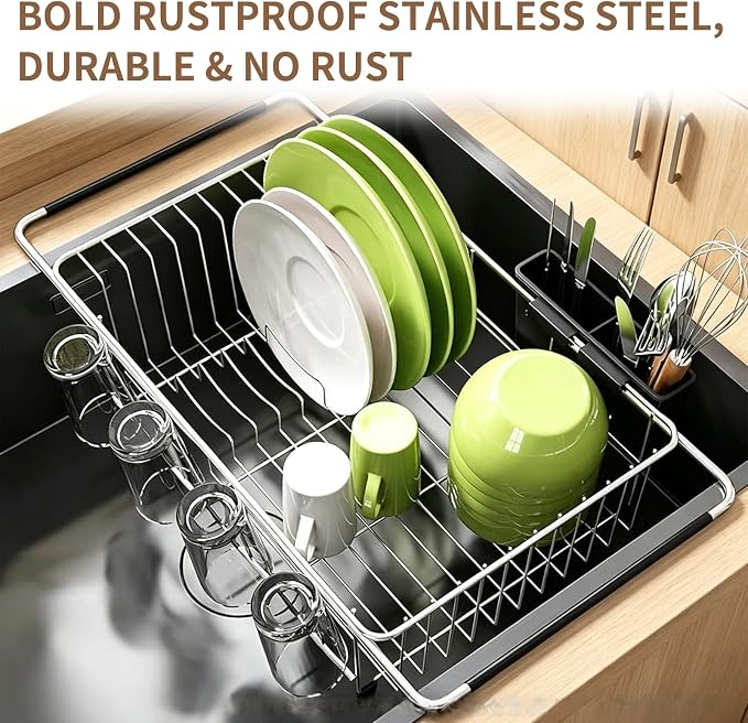 Expandable Over Sink Dish Drying Rack, Rustproof Stainless Steel Dish Drainer with Cutlery Utensil Holder, Quick Drainage Space Saving Kitchen Storage Organizer for Small Apartments RV