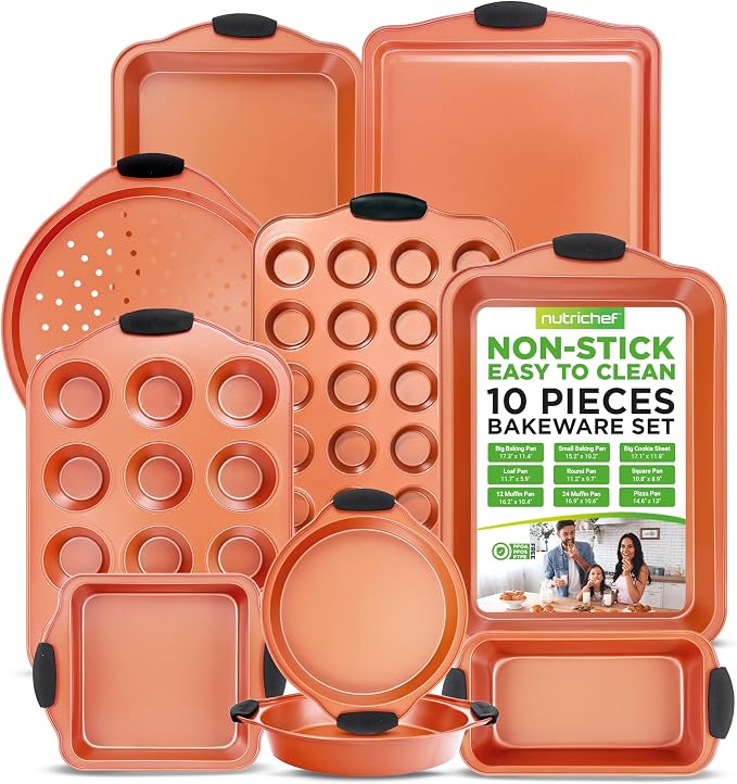 NutriChef 10 Pc Baking Pans Set Nonstick, Cookie Sheet and Pizza Pans | 10 piece set, carbon steel, includes cookie sheets, nonstick, stackable, silicone handles, warp resistant, roasting
