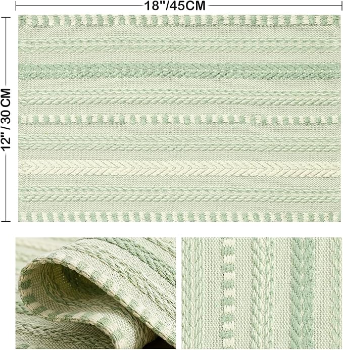 Artoid Mode Sage Green Farmhouse Woven Braided Stripe Placemats Set of 4,12x18 Inch Seasonal Holiday Table Mats Party Kitchen Dining Decoration