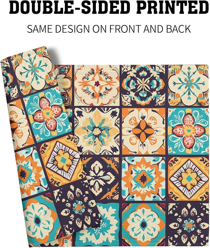Boho Floral Placemats Set of 4, Retro Flower Geometric Place Mat Bohemian Floral Cloth Tablemats Non-Slip Washable Tabletop Mat 12x18 Inch for Indoor Outdoor Dining Party Table Decor