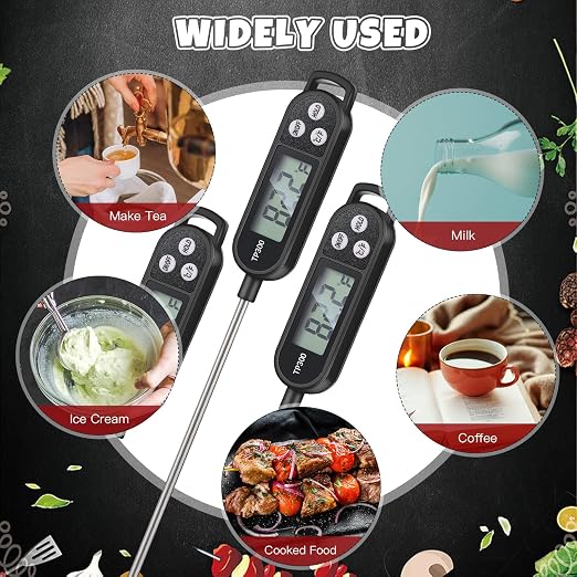 Instant Read Meat Thermometer with Long Probe 9.65 Inch Kitchen Cooking Food Candy Waterproof Digital Thermometer for BBQ Water Milk Yogurt Liquid(Black,12 Pcs)