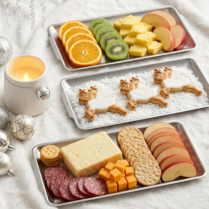 3 Packs 304 Stainless Steel Serving Platters, Rectangle Metal Dinner Plates with Handles, Decorative Organizer Trays for BBQ, Dining, Party, Buffet, Appetizer Serving(12.6" x 6.3")