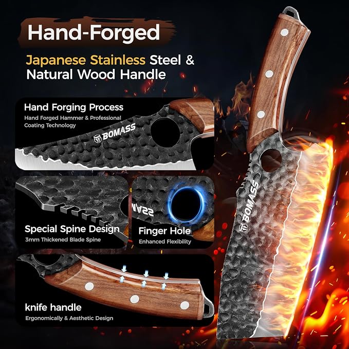 3PCS Butcher Knife Set, Hand Forged Kitchen Chef Knife Set Gift | Meat Cleaver Knife Viking Boning Knife for Home, Outdoor Camping BBQ High Carbon Steel Japanese Knives, Gift for Men Father