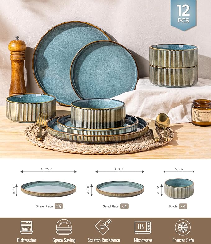 GBHOME Stoneware Dinnerware Sets for 4, 12-Piece Plates and Bowls Set | Handmade Reactive Glaze Ceramic Dish Set, Scratch Resistant, Dishwasher&Microwave Safe,Space Blue