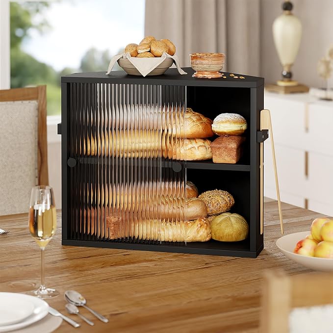 Corner Bread Box with Sliding Acrylic Doors, Double Layer Bread Bin | Bread Box for Kitchen Countertop, Bamboo Bread Storage Container, Large Capacity Vintage Farmhouse, Black, Meduim