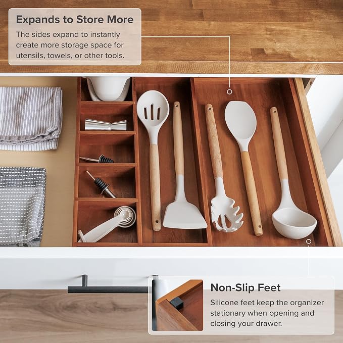 Utensil & Junk Drawer Organizer, 10.5-18.5 in, Acacia | Food-safe contract grade, 100% sustainable wood, non-slip, adjustable