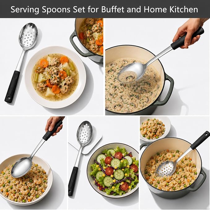 Serving Spoons Set, Large Serving Spoons with Silicone Handles | Stainless Steel Serving Spoon, Slotted Spoon & Soup Ladle Set for Buffet and Home Kitchen