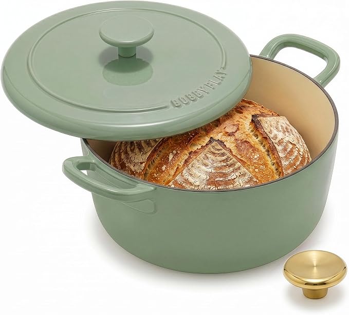 GreenPan x Bobby Flay 5.5QT Enameled Cast Iron Dutch Oven With Lid, Green | Casserole Pot for Braising, Stews, Bread Baking & Searing, Self-Basting Lid, Induction Ready, Oven Safe To 500, Gold Lid Knob
