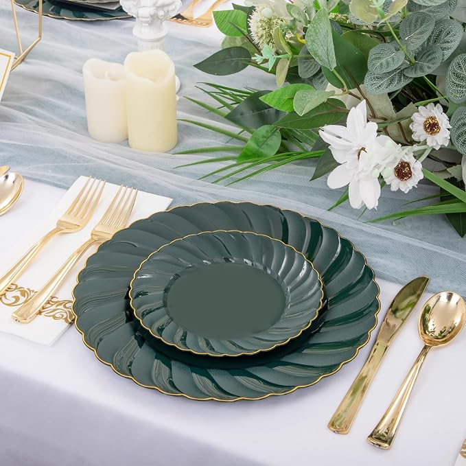 YOUBET 150PCS Emerald Green Plastic Plates for Party Wedding | Green and Gold Disposable Dinnerware Include 50 Plates, 25 Knives, 25 Forks, 25 Spoons, 25 Napkins Ideal