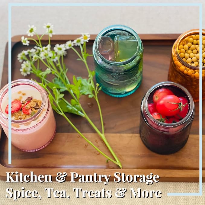 8 oz Decorative Small Glass Jars with Airtight Bamboo Lids, 6 Color 12 Pack | Vintage embossed color coated containers, kitchen pantry bathroom organization & decor, spices, DIY gifts, candle making