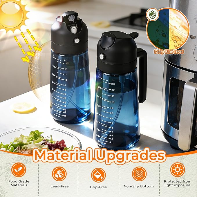 16 oz Glass Olive Oil Sprayer for Cooking, Fine Mist & Pour | 2 in 1 Olive Oil Dispenser Bottle for Kitchen Gadgets and Air Fryer Accessories, Salad, BBQ, Baking - 1-Pack, Blue Black