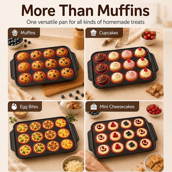 2 Pack Silicone Muffin Pans for Baking, 12-Cup Muffin Tin with Metal Frame | 2 Pack value, 12-Cup muffin pans, Reinforced metal frame, Easy release cups, Nonstick silicone, Oven & dishwasher safe