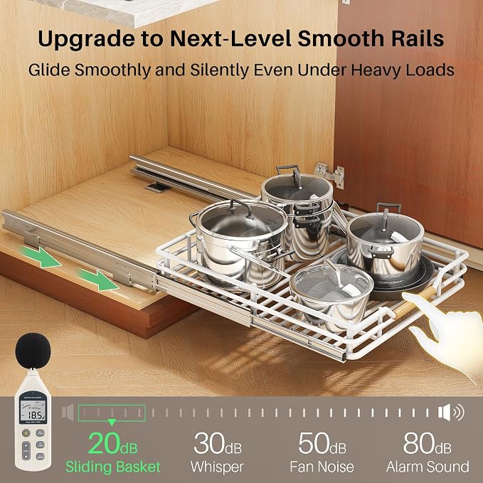 Pull out Cabinet Organizer, 12"W X 21"D, Heavy Duty Smooth Sliding Under Cabinet Shelves for Pots and Pans, Full-Extension Roll out Drawers, Slide out Organization for Home Kitchen Pantry, White