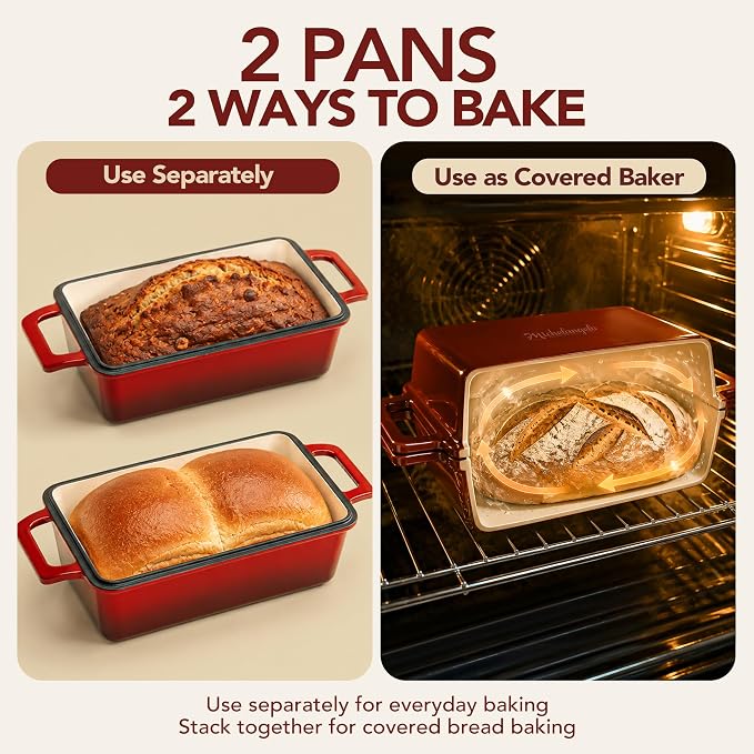 MICHELANGELO Enameled Cast Iron Bread Pan with Lid, 9x5 Sourdough Loaf Pan | PFAS-Free enamel | Use two pans or stack as a lid for crispier crust I Ideal for sandwich bread, banana bread and meatloaf.
