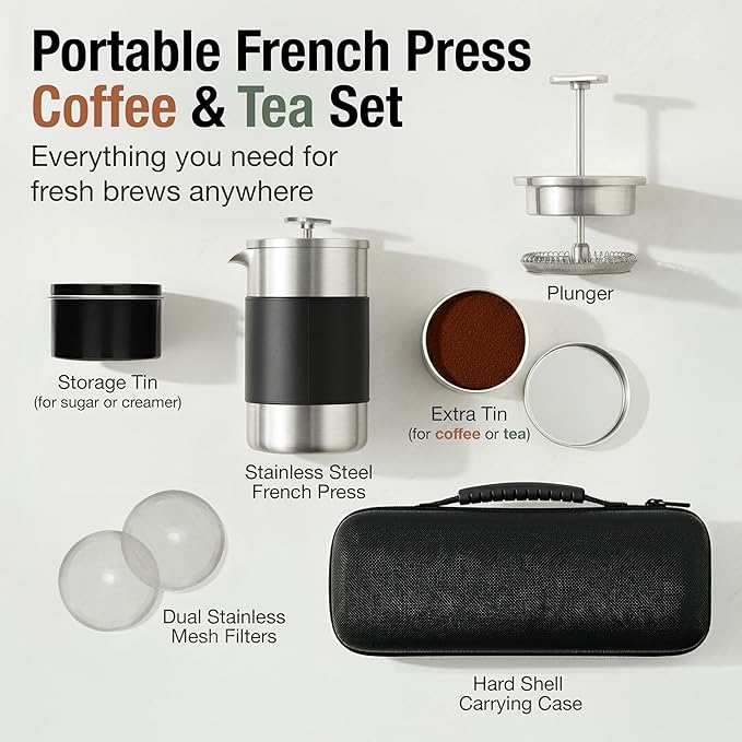 Small French Press Coffee Maker Set - 12 oz | Portable Travel French Press Coffee Maker | Double Wall Insulated with Dual Stainless Filters & 2 Steel Canisters for Grounds, Tea, Creamer & Sugar