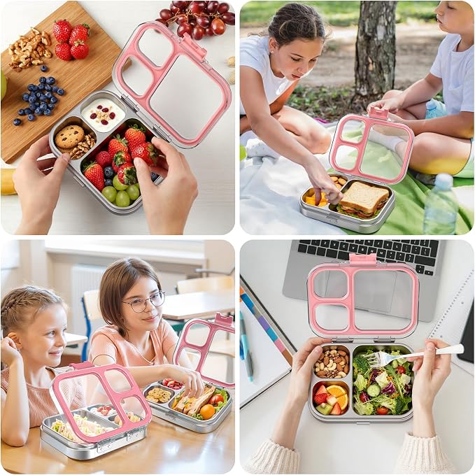 LOHASOK Stainless Steel Bento Lunch Box, 800ml, Pink | 3-Compartment, Leak Proof, Lightweight, Clear Plastic Lid, for Kids Adults, BPA/BPS Free, Dishwasher Safe