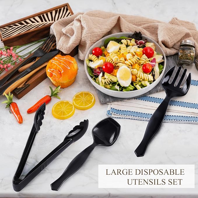 Mwellewm 36Pcs Plastic Serving Utensils Set Large Disposable Serving Spoons Forks Tongs for Serving Food 8.5'' Heavy Duty Black Large Party Utensils Supplies for Buffet Restaurant Dinner Salad Soup