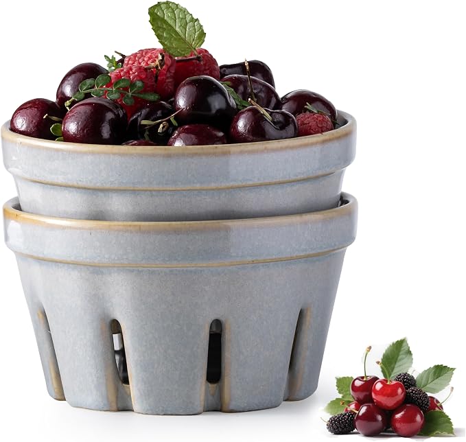 Gomakren Ceramic Berry Bowl Set of 2, Fruit Containers for Fridge, Gray | Drain Holes Keep Berries Fresh, Stackable, Wash & Serve | 5.8In Round Strawberry Grape Cherry Basket, Farmhouse Kitchen Decor