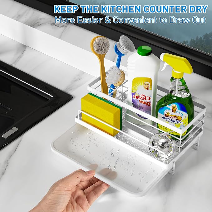 Cisily Sponge Holder for Kitchen, Sink Caddy Organizer, Kitchen Sink Accessories with Drip Tray, Rustproof and Non-slip Kitchen Sink Sponge Holder (White)