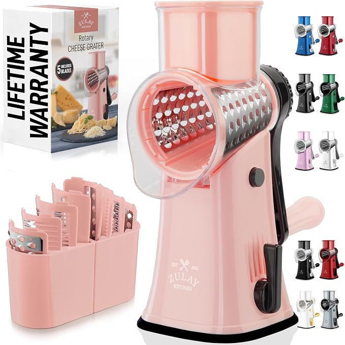 Zulay Kitchen Rotary Cheese Grater 5 Blade Cheese Shredder - Manual Hand Crank Cheese Grater With Reinforced Suction & 5 Interchangeable Drums - Easy to Use, Vegetable Chopper Round Mandoline Slicer