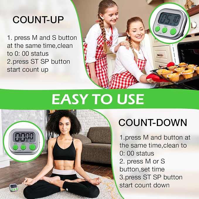 Leumoi 24 Pack Multi-Function Digital Timers with Magnetic Back, Large LCD Display, Loud Alarm, Count up & Countdown, Memory Function for Cooking, Classroom, Study, Exercise & Work(Sliver and Green)