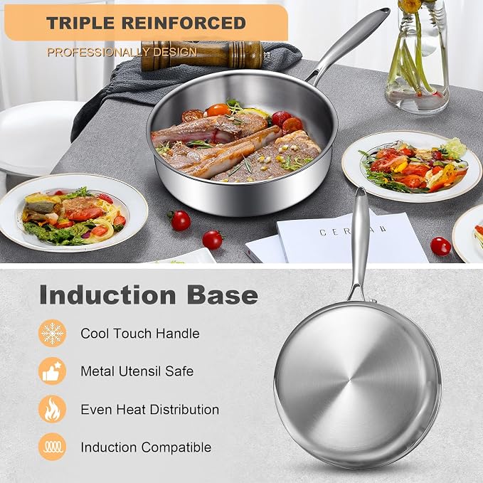 EWFEN Tri-Ply Stainless Steel Frying Pan 3QT, 10 Inch Deep Frying Pan with lids, Skillet, Induction Cooking Pan, Dishwasher and Oven Safe, Fast & Even Heat, Heavy Duty and Detachable Handle