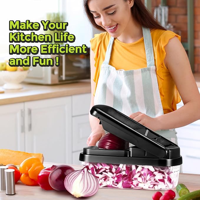 Yusshn Vegetable Chopper, 12-in-1 Food Veggie Chopper Cutter with Container | 7 Sharp Blades Dice, Slice, Shred and Grate for Salads, Onions and Meal Prep, with a Non-Slip Base and Drain Basket