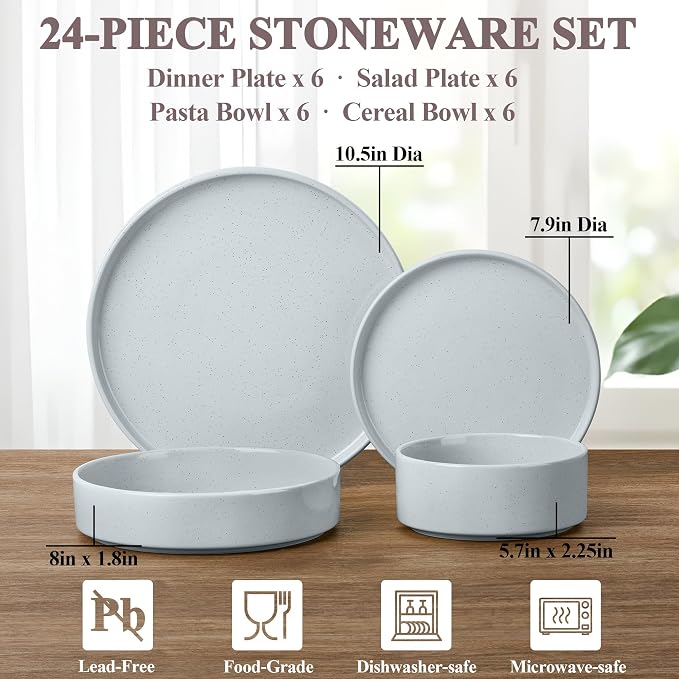 Herogo Stoneware Dinnerware Set with Salad Bowls, 24 Piece Kitchen Dinner Dish Set for 6, Plates and Cereal Pasta Bowls, Chip & Scratch Resistant Dishware, Speckled Light Gray