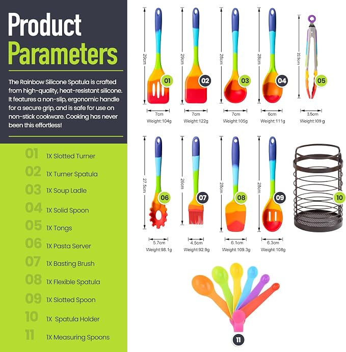 11-Piece Rainbow Silicone Spatula Bundle with Holder & Measuring Spoons – Multicolor Heat-Resistant Cooking Utensils for Nonstick Cookware – Flexible Turner, Spoon, Spatula, Brush, FDA Safe