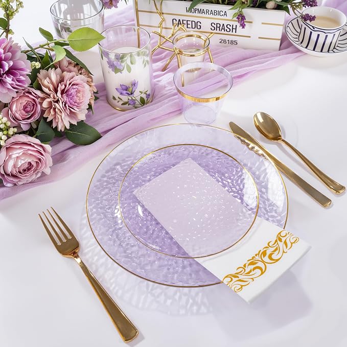 DaYammi 350 Pcs Clear Purple Gold Plastic Plates, Hammered Disposable Dinnerware, Clear Purple Plates Set Include 100 Plastic Platos, 150 Gold Disposable Silverware, 50 Cups And 50 Napkins for Party
