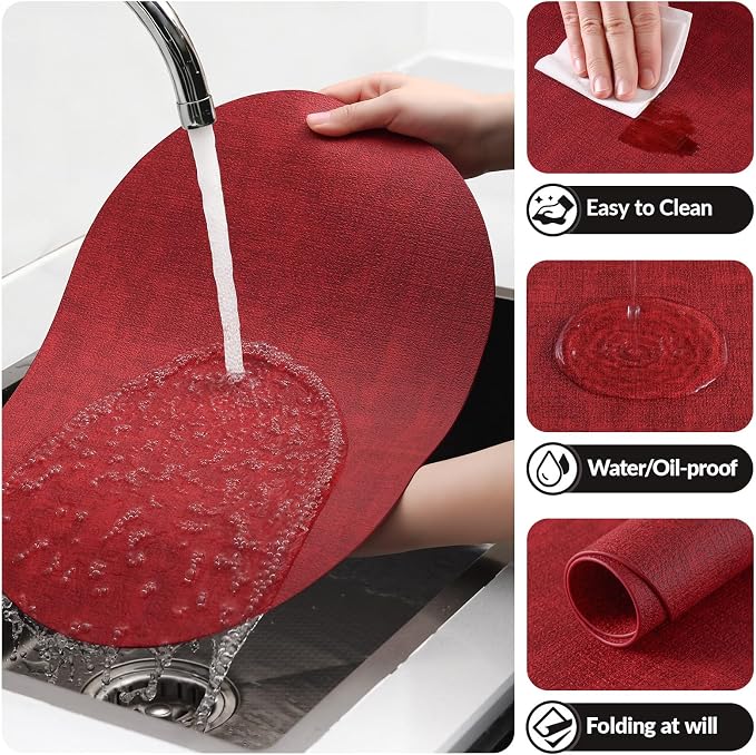 Placemats Set of 6, 11.8 x 17 Inch, Red | Heat Resistant Oval Faux Leather Place Mats, Waterproof Wipeable Reversible PU Placemat, Indoor & Outdoor