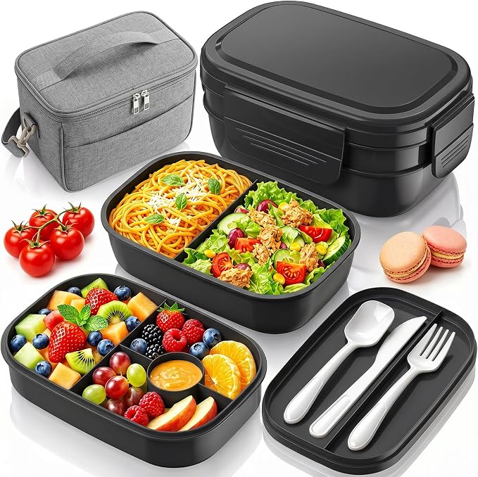 HOMETALL Bento Box Adult with Insulated Lunch Bag - 3 Stackable Leak-Proof Lunch Box Containers for Women & Men - BPA Free Lunchbox with Utensil Set (Spoon, Knife, Fork) for Work, Picnic, Dining Out