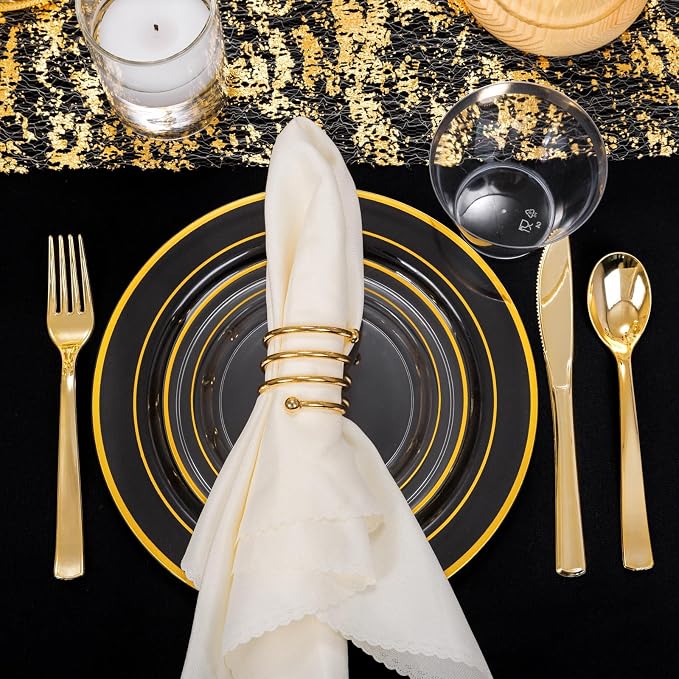 WELLIFE 600pc Gold Trim Plastic Dinnerware Set for Party: 100 Dinner Plates, 100 Dessert Plates, 300 Cutlery, 100 cups