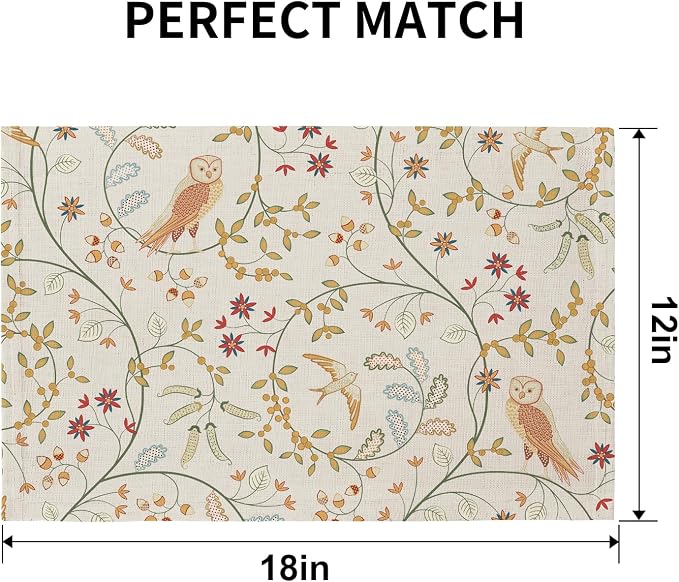 QIYI Boho Table Placemats Set of 4, 12"x18" Linen Place Mats, Forest Birds | Fabric Place Mats for Kitchen Dinning, Farmhouse Rustic Cloth Table Mats, Washable Placemat Party Table Décor