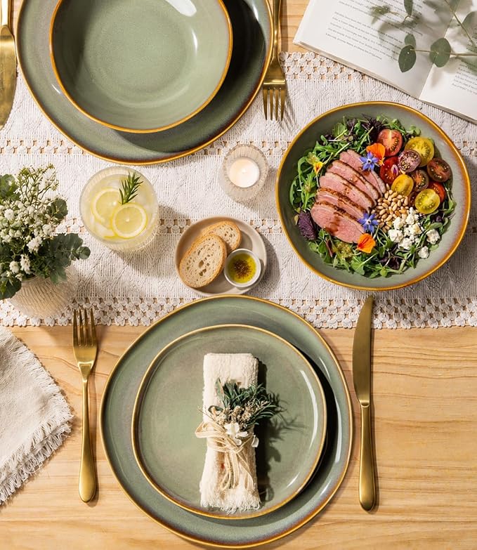 Ceramic Dinnerware Set for 4, 12-Piece Plates and Bowls Set | Handmade Reactive Glaze Dish Set, Scratch Resistant, Oven & Microwave & Dishwasher Safe, Sage Umber