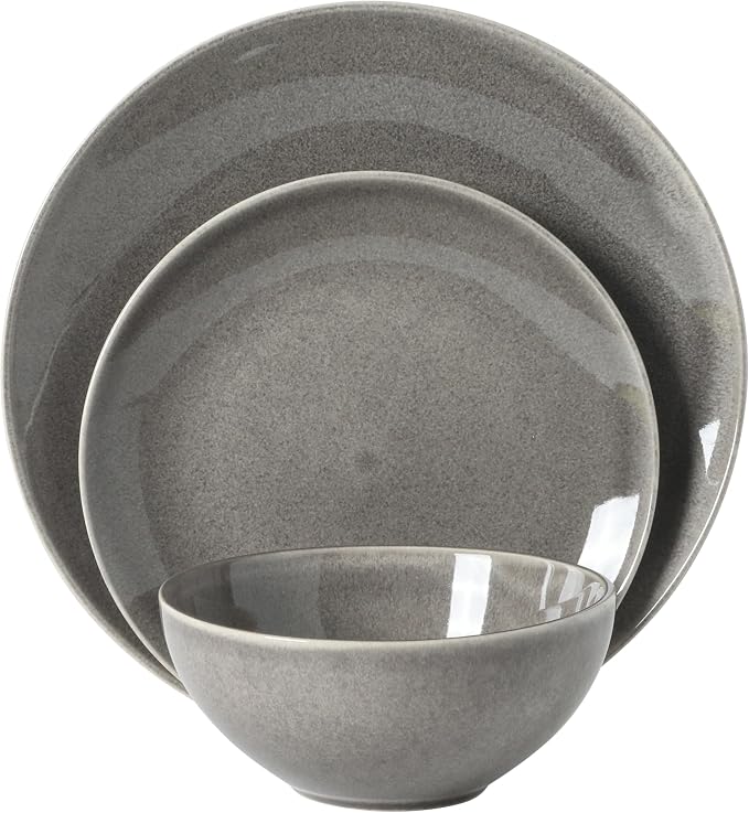Gibson Elite Castle Peak Plates and Bowls Set, 12-Piece Dinnerware Set, Grey Reactive Glaze Stoneware Dishes, Dinner Plates, Salad Plates & Cereal Bowls